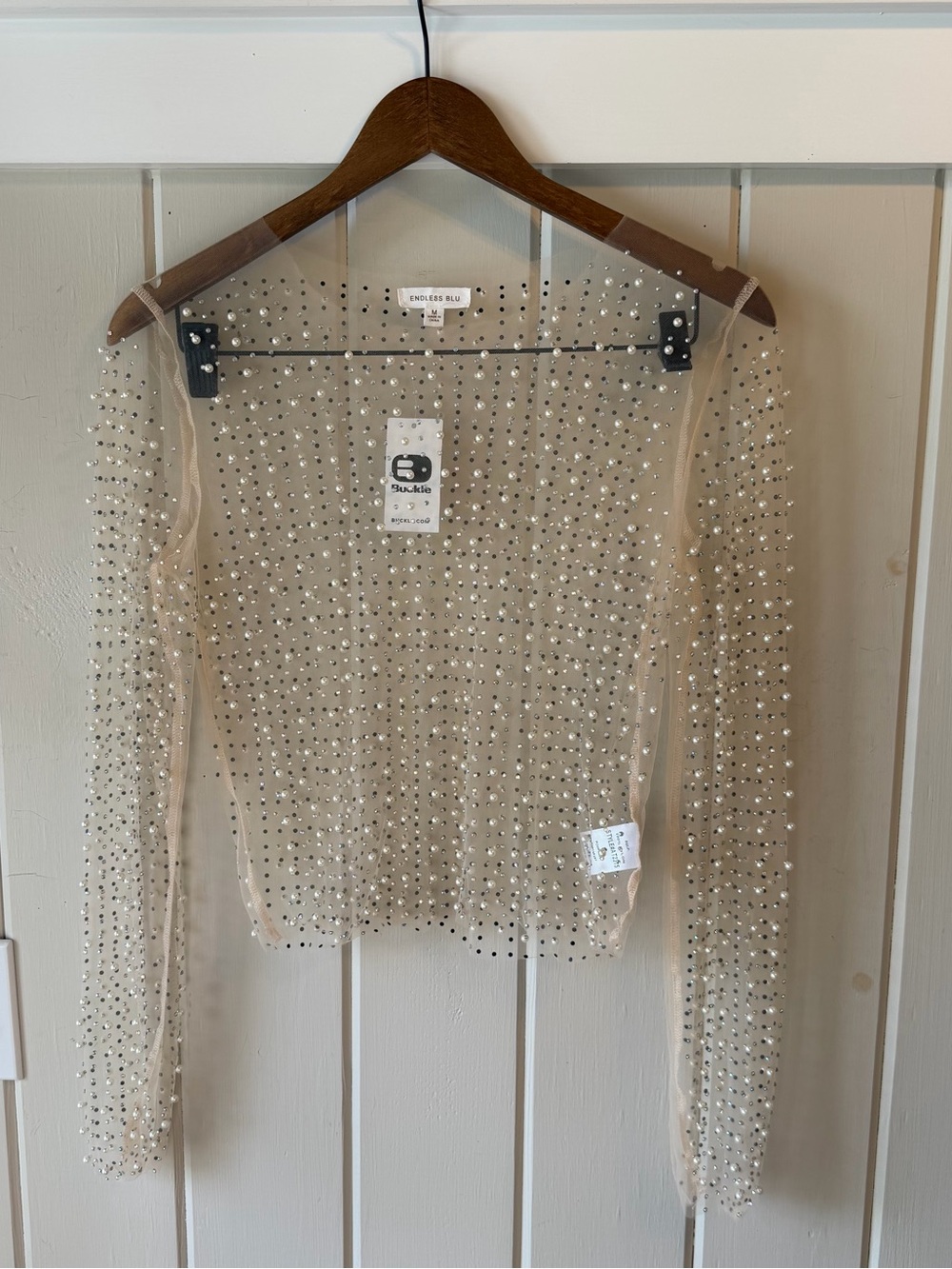Embroidered Sheer Nude Long-Sleeve Top with Crystal Embellishments